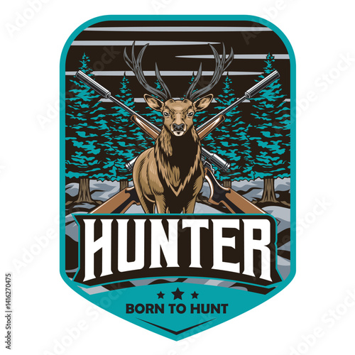 Vector Illustration of Deer and Gun with Detailed Illustration Available for Logo Badge