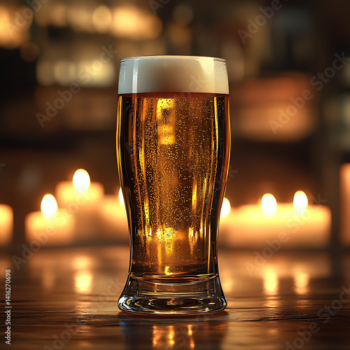 Glass of Beer with Foam on Top in a Bar with Warm Bokeh Background