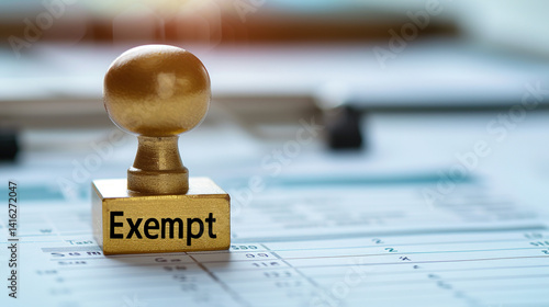 Golden tax exempt stamp pressed on official document with copy space, financial approval concept, government tax relief policy and legal exemption certification for business.
