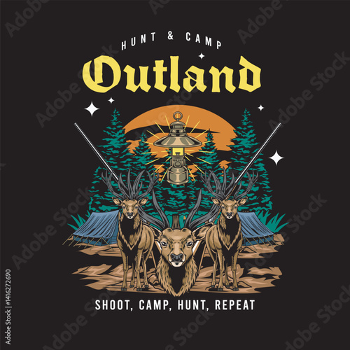 Vector Illustration of Deer and Gun with Camping Tend in Detailed Illustration Available for Tshirt Design