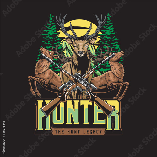 Vector Illustration of Deer and Gun with Detailed Illustration Available for Tshirt Design
