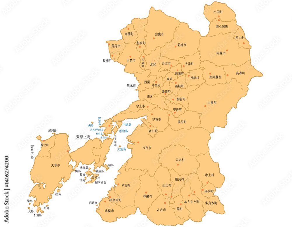 Obraz premium 熊本県 地図 オレンジ 斑点 イラスト