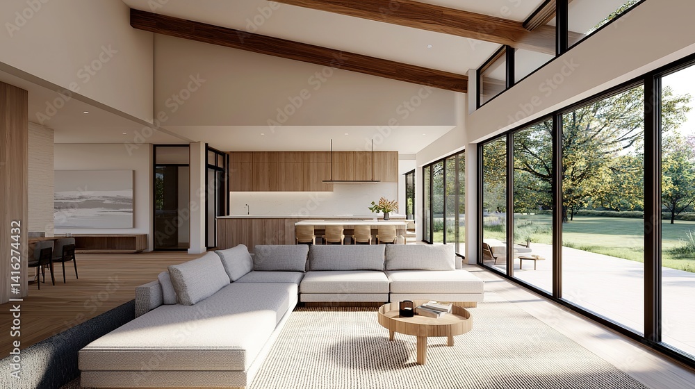 Fototapeta premium Scandinavian style living room furniture showcase modern home interior design bright environment wide angle view