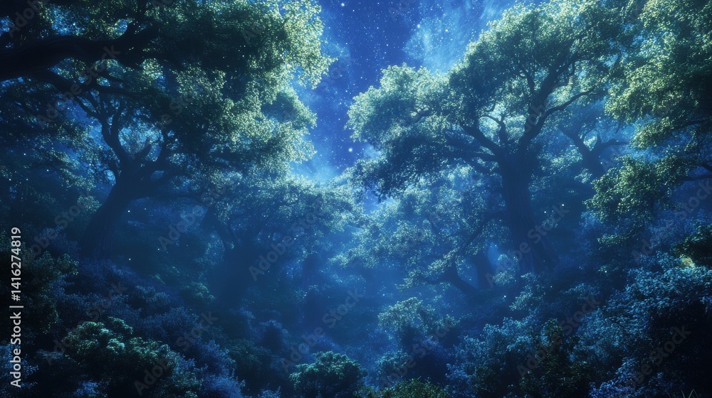 Fototapeta premium Enchanting Night Forest Magical Trees Starry Sky Mystical Woods