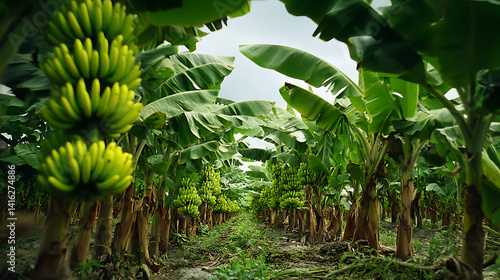 Lush banana plantation with vibrant green foliage and clusters of ripe bananas under cloudy sky
