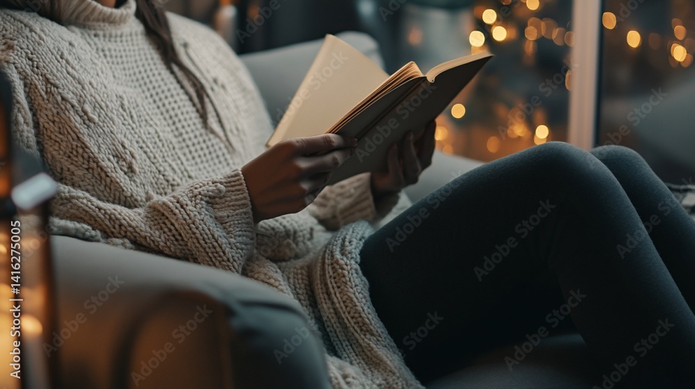Obraz premium Cozy evening at home: Woman reading a book in warm light ambiance