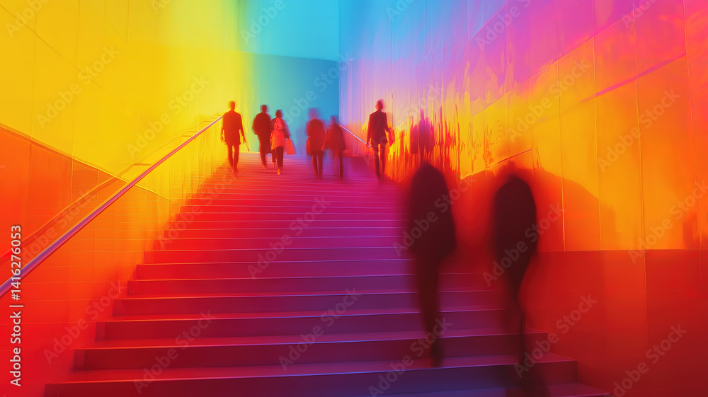 Fototapeta premium Blurred figures ascending a trade fair staircase representing a bustling business event
