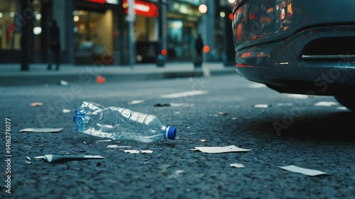 Thrown plastic bottle under city lights shows environmental neglect and pollution