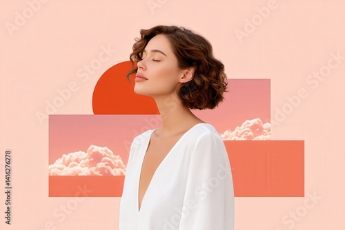 Serene woman posing against sunset background graphic design calm atmosphere