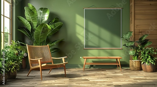 Frame mockup, ISO A paper size. Living room wall poster mockup. Interior mockup with house background. Modern interior design. 3D render HD 8K wallpaper Photographic Image