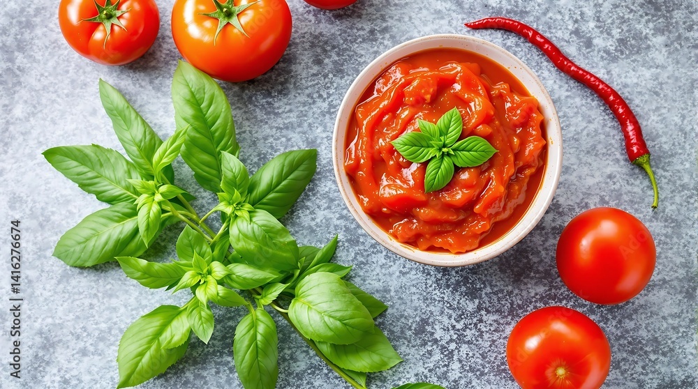 Fresh Basil, Tomatoes, and Chili Sauce Composition on a Stone Background Fresh Basil, Tomatoes, and Chili Sauce Composition on a Stone Background