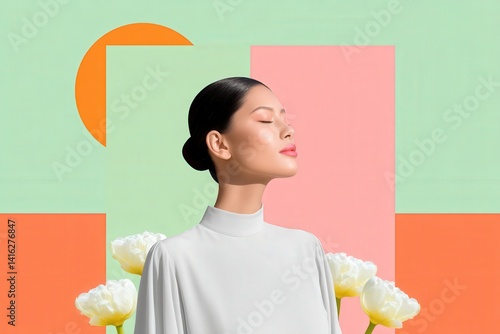 Fashion model with flowers abstract background digital art modern portrait