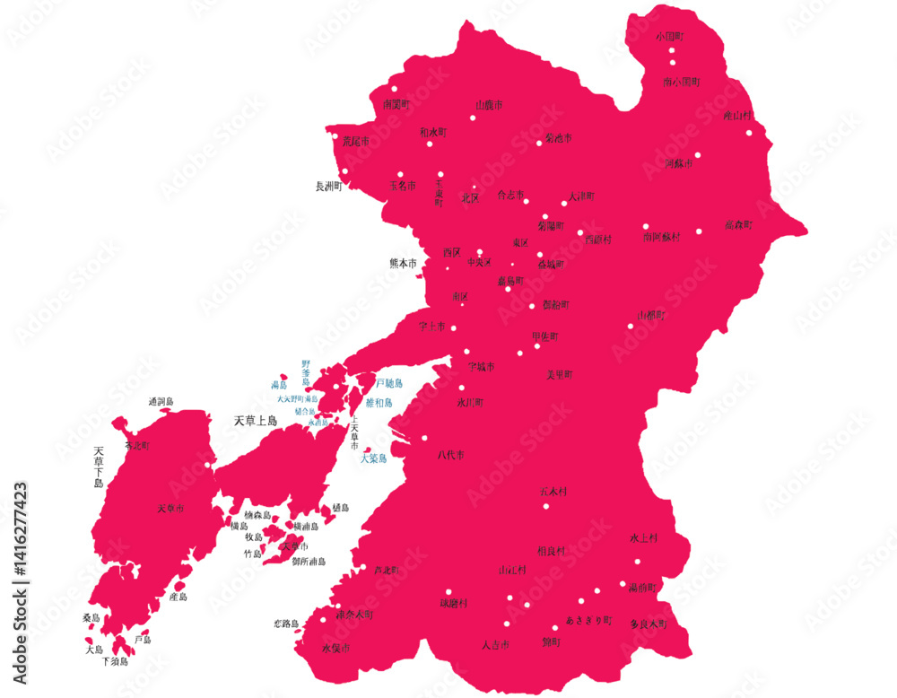 Obraz premium 熊本県 地図 マゼンタ 斑点 イラスト