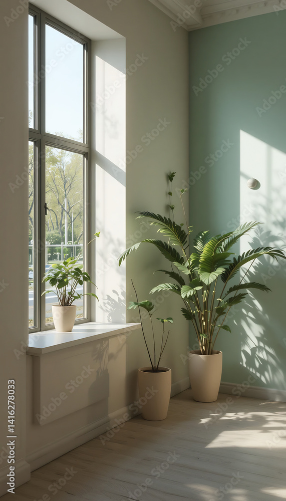 Sunlit Room Plants Minimalist Interior Design. AI Generated Sunlit Room Plants Minimalist Interior Design. AI Generated