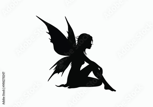 Fairy silhouette sitting. This image shows a fairy sitting gracefully with wings extended, embodying fantasy and enchantment in a delicate artistic style. Vector clipart black illustration design.
