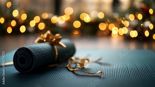 A beautifully wrapped teal yoga mat with a gold ribbon and bow lies on a larger teal mat against a stunning bokeh background of warm lights