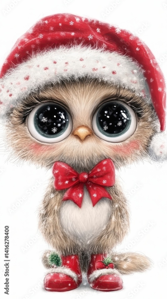 Adorable Cartoon Owl in Santa Hat and Red Boots Winter Holiday Illustration Adorable Cartoon Owl in Santa Hat and Red Boots Winter Holiday Illustration