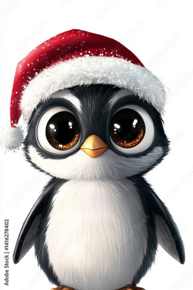 Naklejka premium Adorable Cartoon Penguin in Santa Hat Digital Art