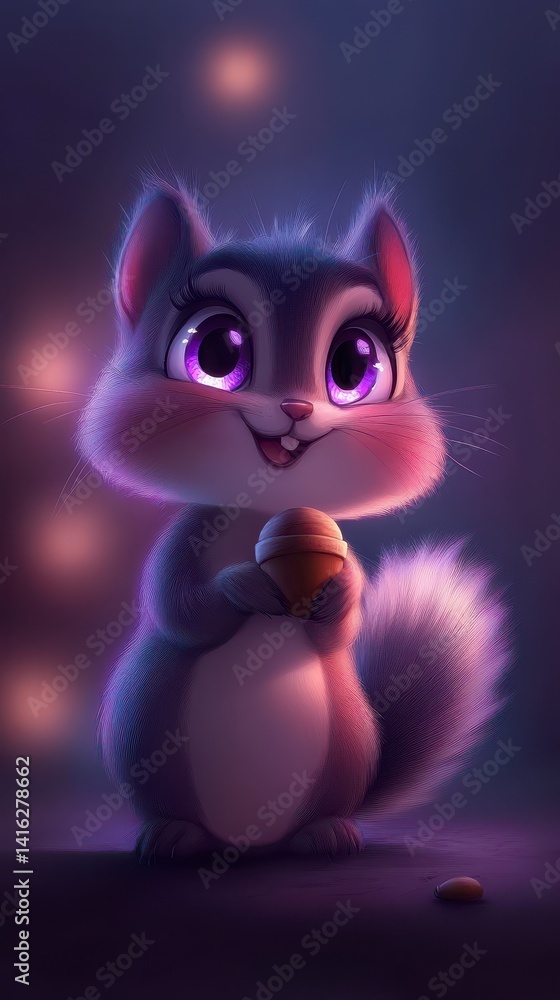 Fototapeta premium Adorable Cartoon Squirrel Holding Acorn in Dark Glowing Setting