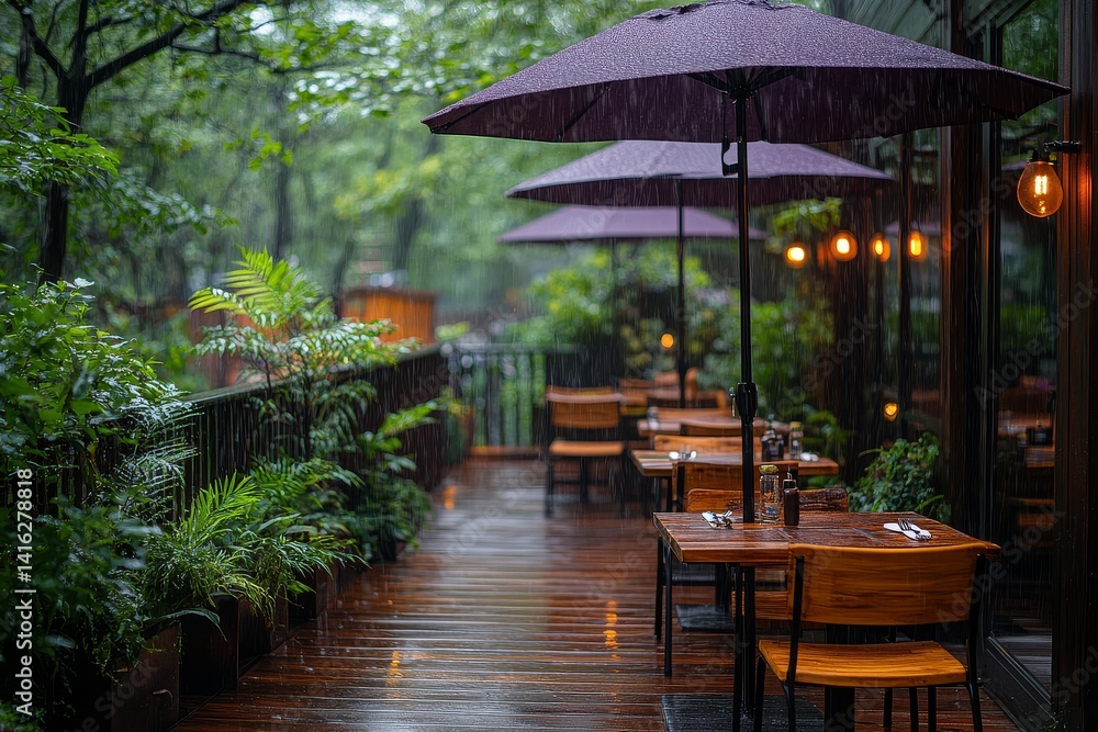 Fototapeta premium Outdoor terrace with tables, chairs, purple umbrella, wet floor, and urban landscape with green trees and modern architecture.