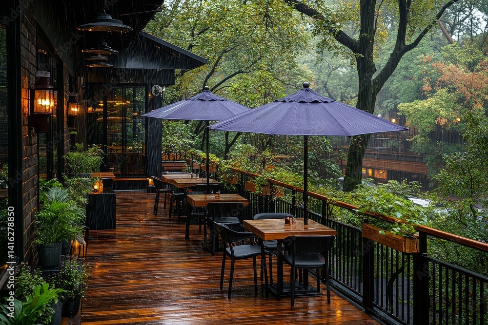 Fototapeta premium Outdoor terrace with tables, chairs, purple umbrella, wet floor, and urban landscape with green trees and modern architecture.