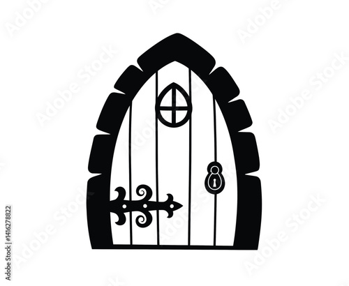 Fairy door silhouette. This image shows a whimsical, enchanted door with a round window, ornate hinge, and keyhole, resembling a fairy-tale entrance. Vector clipart black illustration design.