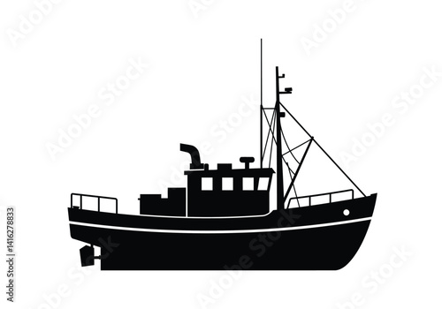 Lobster boat silhouette. This image shows a vessel used for lobster fishing, emphasizing its nautical design and marine equipment details. Vector clipart black illustration design.