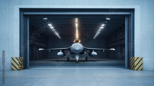 Military jet inside open hangar doors: aerospace defense fighter aircraft