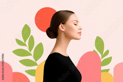 Elegant profile of a woman against colorful abstract background modern aesthetic