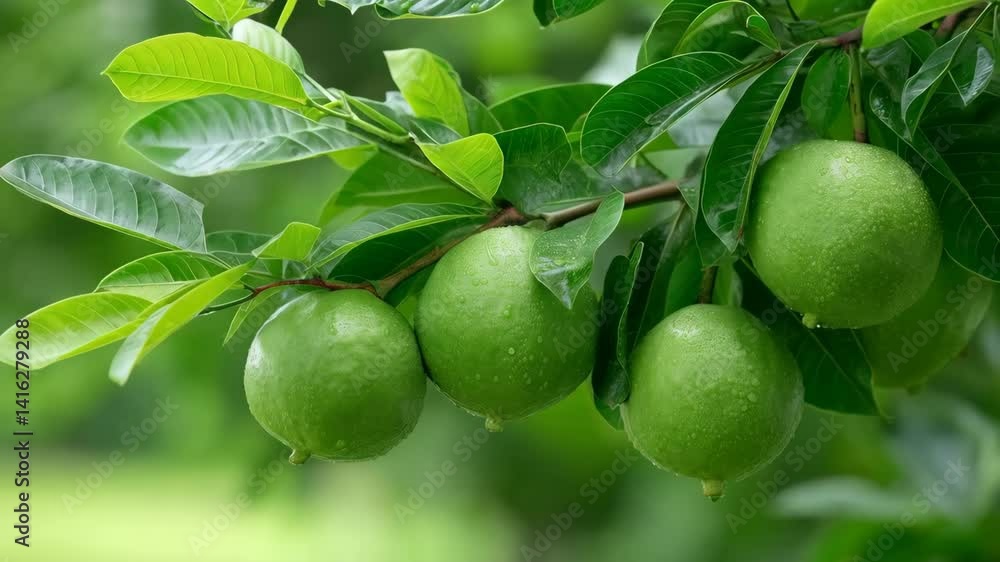 Lush green fruit hanging abundantly from a tree branch in a vibrant natural setting surrounded by foliage and leaves Lush green fruit hanging abundantly from a tree branch in a vibrant natural setting surrounded by foliage and leaves