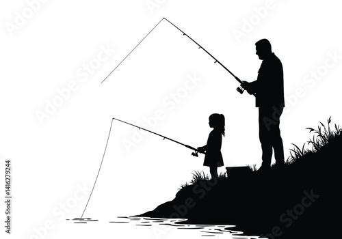 Father daughter fishing silhouette. This image shows a father and daughter fishing together, symbolizing family bonding, teamwork, and connection in nature. Vector clipart illustration design.