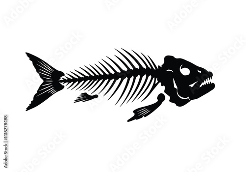 Fish skeleton silhouette. This image shows the outline of a fish skeleton, also called fish bones, with distinct ribs, spine, and angular shape. Vector clipart black illustration design.