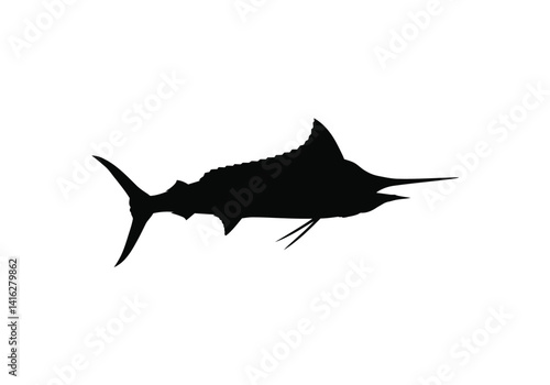 Marlin silhouette. This image shows a marlin, referred to as billfish or spearfish, with sharp fins and an elongated body, symbolizing speed and elegance. Vector clipart black illustration design.