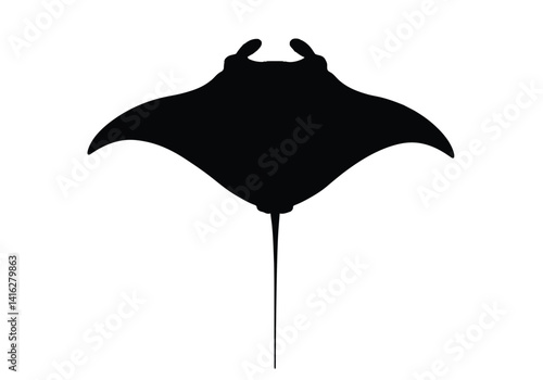 Manta ray silhouette. This image shows a manta ray, also referred to as devilfish or sea ray, with distinct fins and graceful wings. Vector clipart black illustration design.