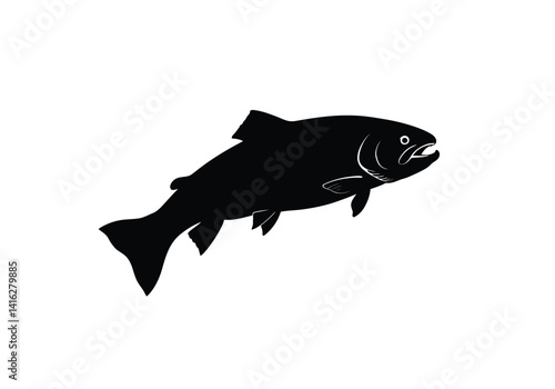 Jumping trout silhouette. This image shows a trout fish leaping out of water, emphasizing motion and aquatic elegance in a bold design. Vector clipart black illustration design.