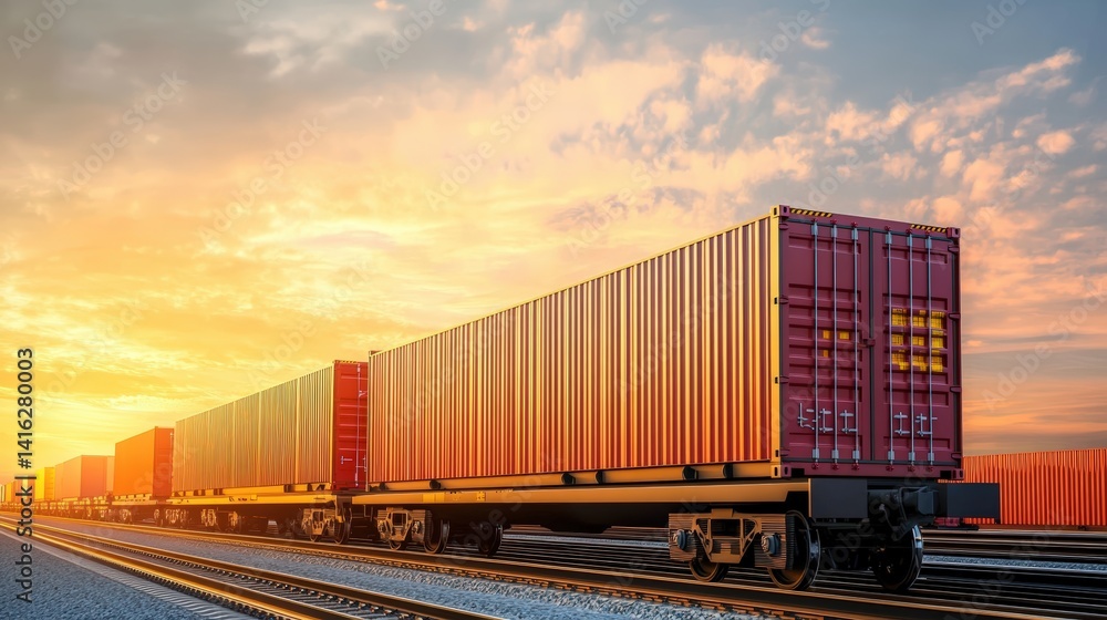 Obraz premium A long freight train carrying colorful shipping containers gracefully crosses sturdy railroad tracks under the warm glow of a vibrant sunset sky.