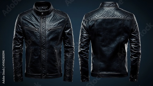 Stylish black leather jacket: front and back views on dark blue background fashion apparel mockup for designers and retailers