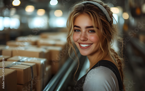 Smiling woman in casual outfit with blurred background in modern workspace