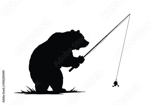 Bear fishing a fish silhouette. This image shows a bear fishing with a rod, catching a fish, depicted in a simple, striking style. Vector clipart illustration design.