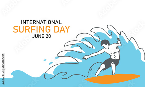 International surfing day simple vector banner, poster, background. One continuous line drawing of surfer on the surfboard catching the wave. Surfing day minimalist banner