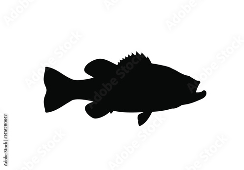 Bass fish silhouette. This image shows a black silhouette of a bass fish, also referred to as a perch or sunfish, with distinct fins and streamlined shape. Vector clipart black illustration design.