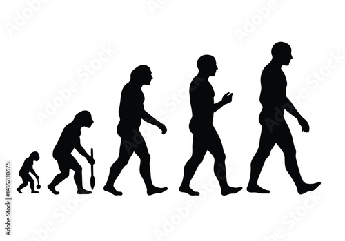 Human evolution silhouette. This image shows the progression of human development from early hominids to modern humans, symbolizing growth and adaptation. Vector clipart black illustration design.