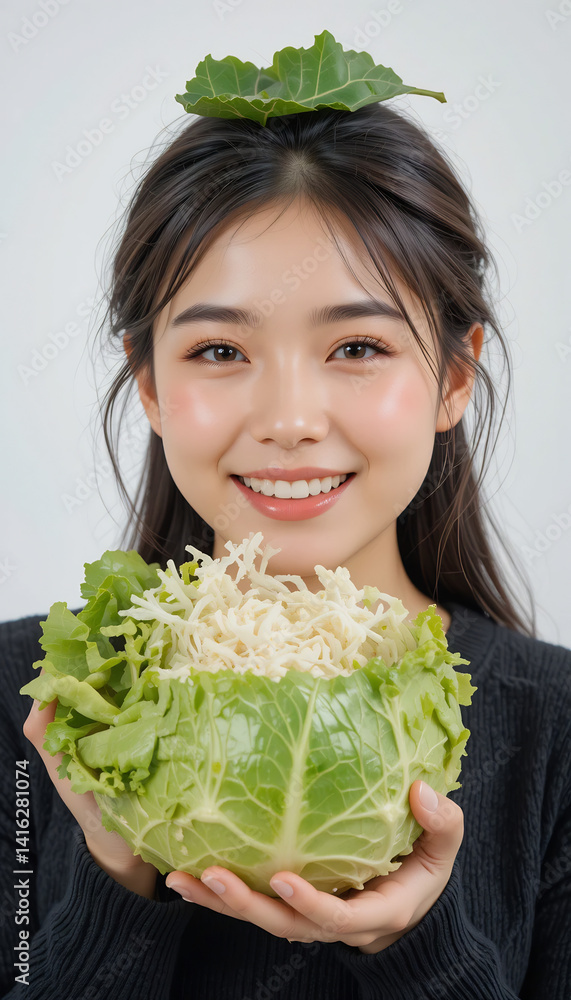 Smiling woman gently holds vibrant green cabbage soft light. AI Generated Smiling woman gently holds vibrant green cabbage soft light. AI Generated