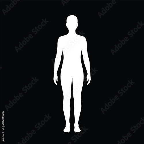 White human silhouette. This image shows a white silhouette of a human figure against a black background, emphasizing contrast, simplicity, and design. Vector clipart black illustration design.