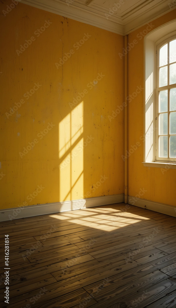 Obraz premium Sunlit Yellow Room Warm Wooden Floor. AI Generated