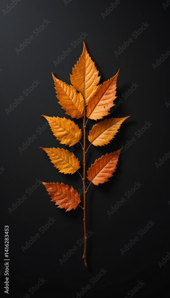 Golden Autumn Leaf Branch Dark Background Minimalist Photography. AI Generated Golden Autumn Leaf Branch Dark Background Minimalist Photography. AI Generated