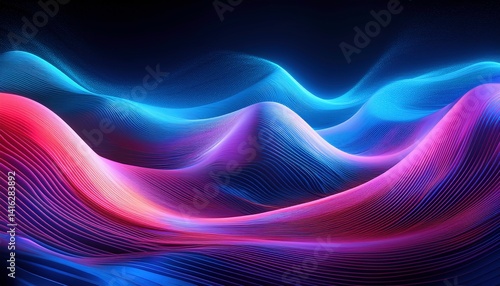 Abstract digital landscape with flowing, undulating waves of blue, purple, and orange particles on a dark background. The image evokes a sense of depth and movement, with the particles appearing to