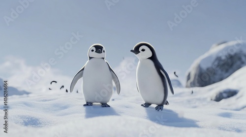 Charming emperor penguin chicks standing on snow-covered landscape outdoor