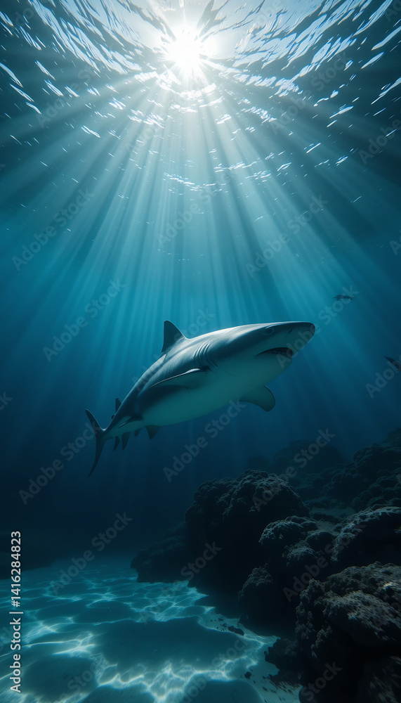 Obraz premium Majestic shark gracefully swims through sunlit ocean depths. AI Generated