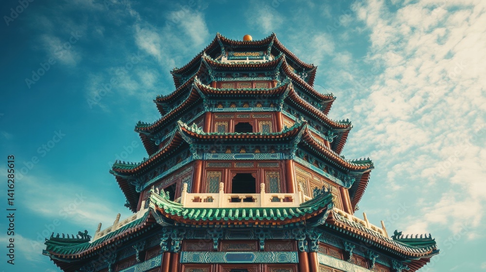 Majestic Chinese Pagoda Ancient Architecture Blue Sky Majestic Chinese Pagoda Ancient Architecture Blue Sky